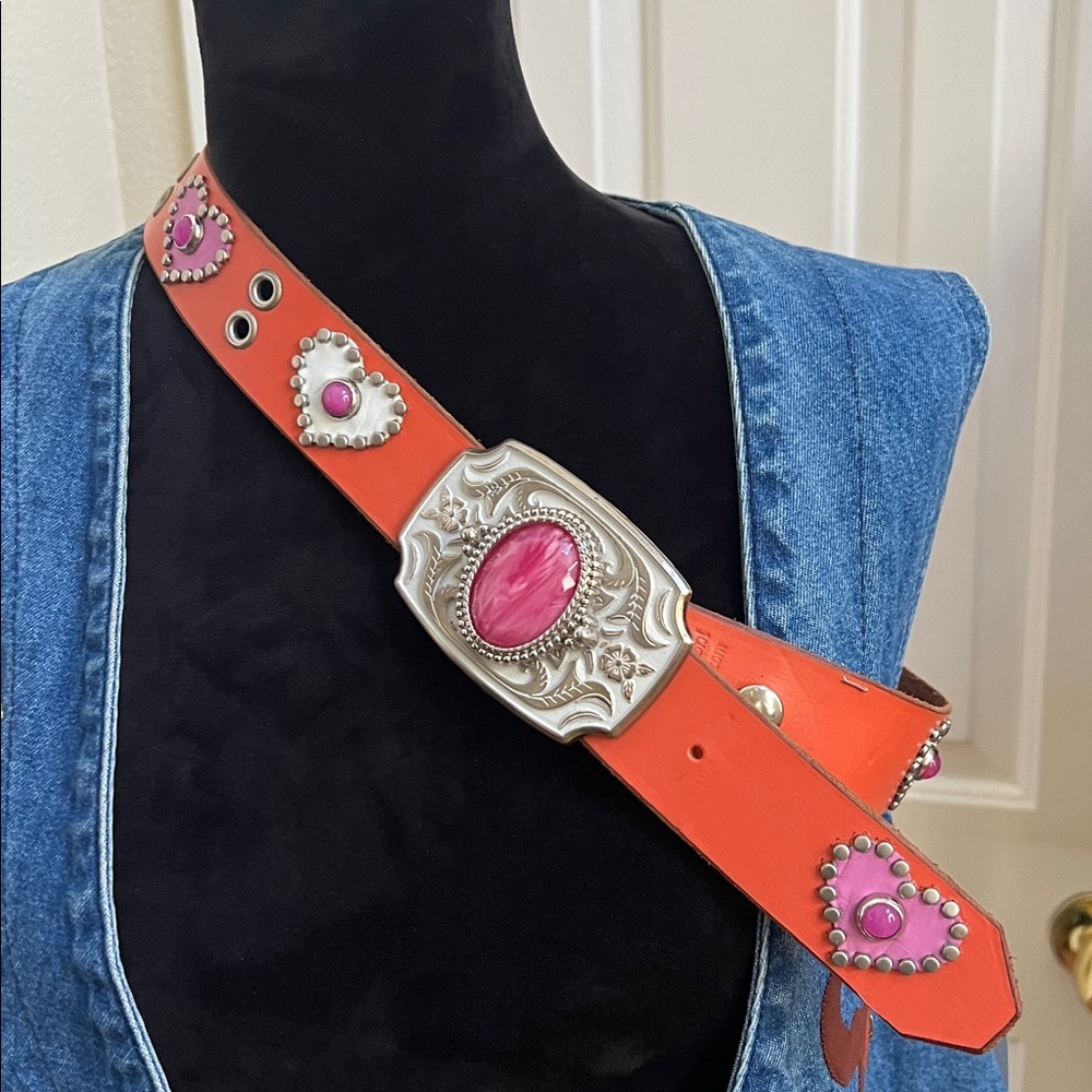 Retro Jeri Hart Design Pink Orange Leather Studded Jeweled Heart Western Belt